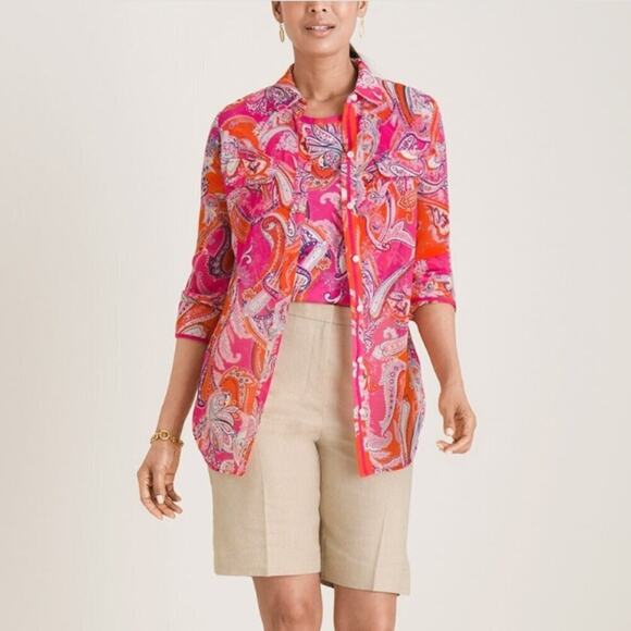 Chico's Paisley Pink Red Orange Easy Shirt Size 18 - Picture 5 of 8